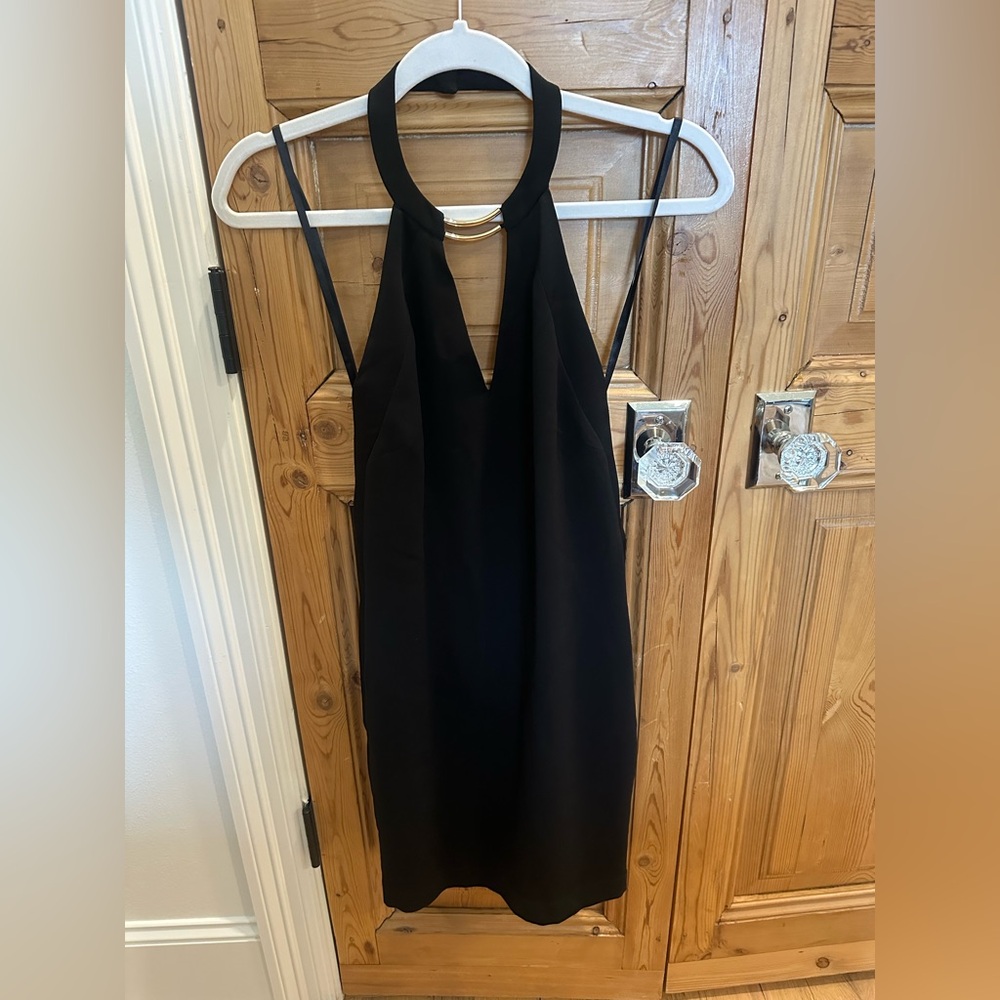 Black Halter Mini Dress with Gold Ring Detail